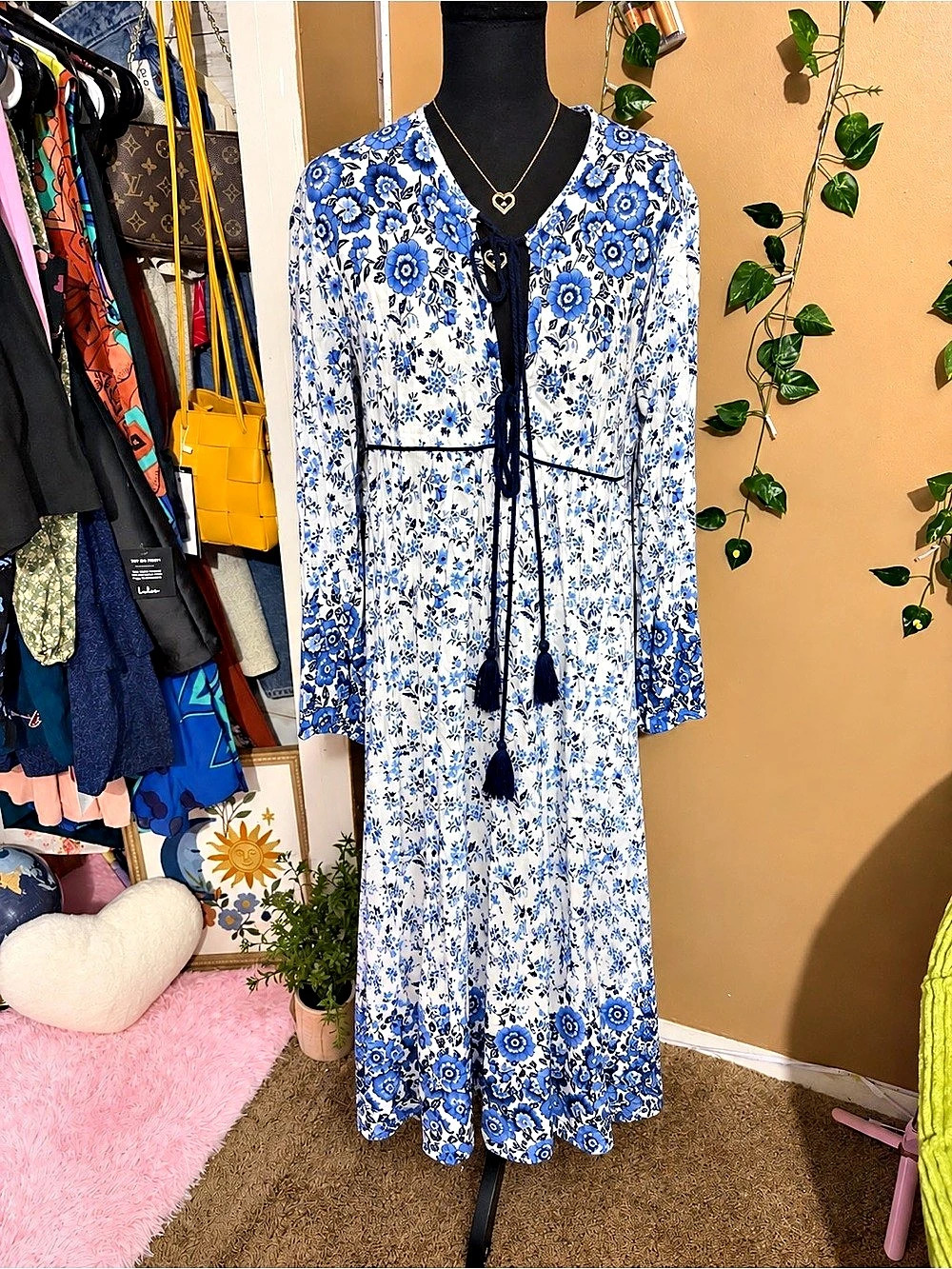 R.Vivimos Blue and White Floral Long Sleeve Maxi Dress with Tassels Blue & White